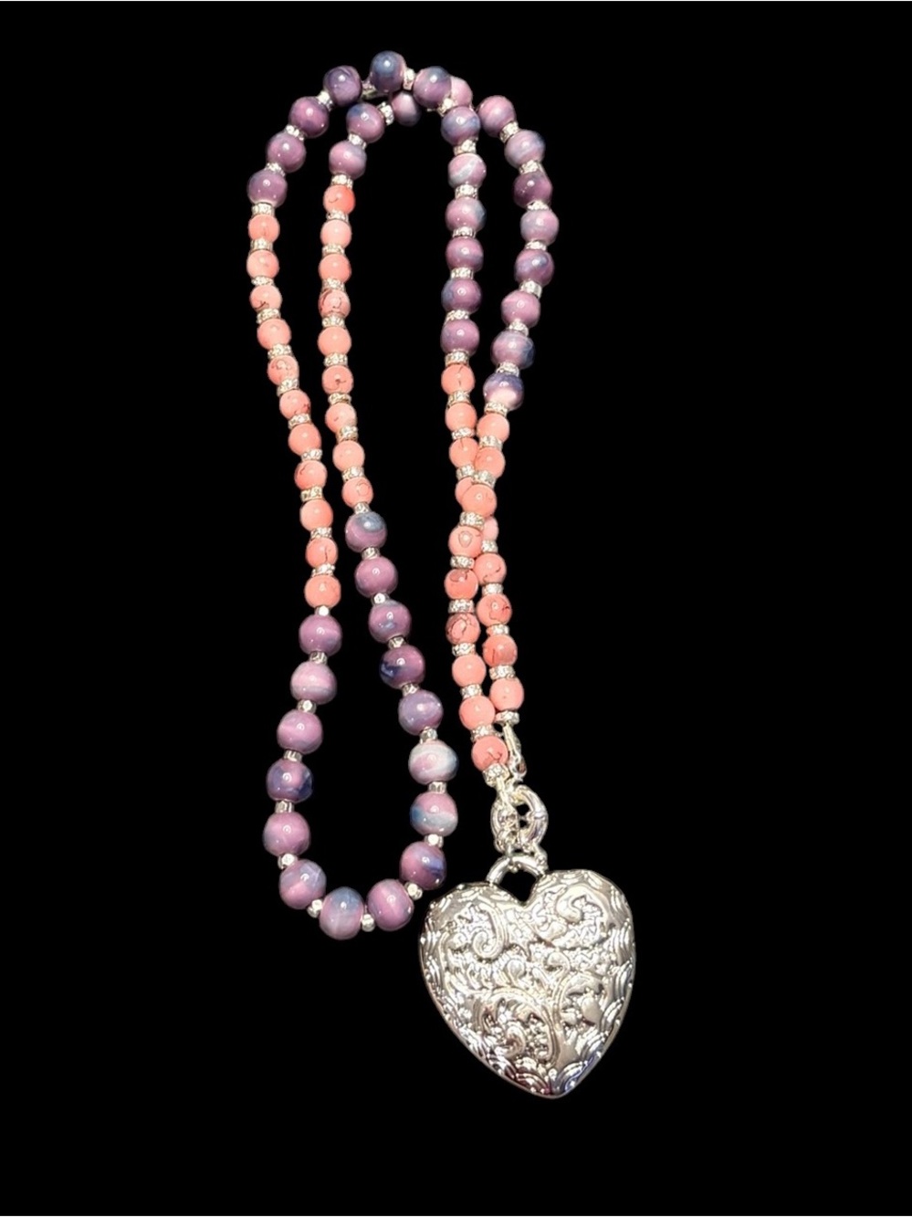 Long Glass Bead Necklace with Silver Heart.